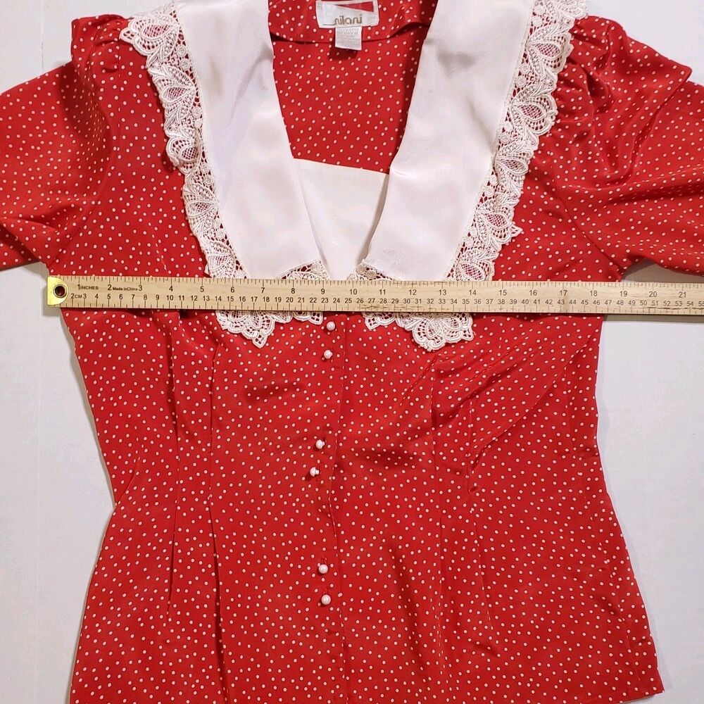 80s 70s Vintage Polka-Dot Lace Shawl Collar Skirt Set 2 Piece - Picture 14 of 15